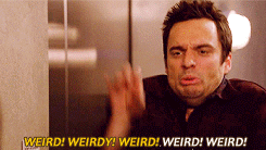 characters from The New Girl making weird faces, dancing, and saying "Weird! Weirdy! Weird! Weird! Weirdy!"