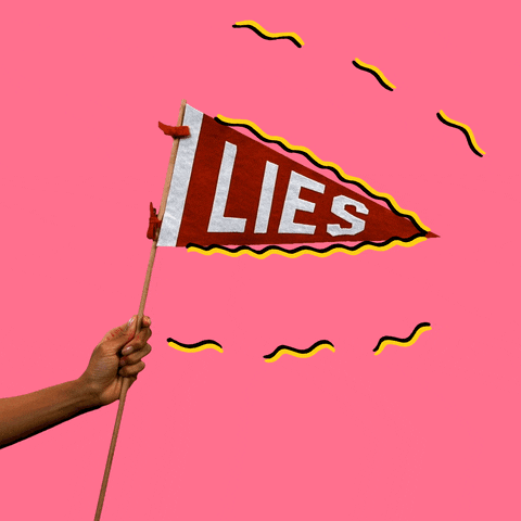 Video gif. Dark red pennant flag with white text reads, "Lies." Yellow and black cartoon squiggles radiate out as it waves slowly on a bubble gum pink background.