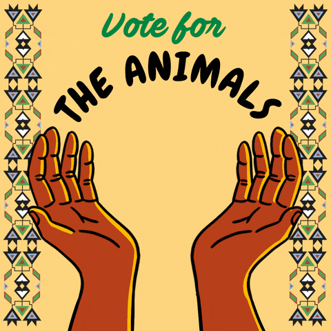 Illustrated gif. Brown hands stretched upward on a yellow background, cradling a wave, a tree, a bison, the Earth, all framed by an intricate Potawatomi pattern. Text, "Vote for the waters, the land, the animals, the Earth."