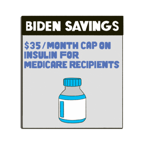 Political gif. One-a-day calendar with the headline "Biden savings," a hand coming and tearing a page away to reveal each subsequent fact. Text, "30% rebate for home energy improvements," "35 dollars per month cap on insulin for Medicare recipients," "Free adult vaccines," "Up to $7500 for electric vehicles."