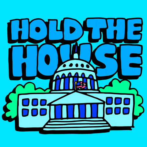 Digital art gif. Cartoon of the US Capitol Building jiggling and wobbling on a cyan background, with bold blocky blue lettering. Text, "Hold the House."