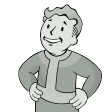 Video Game gif. Pip Boy winks and shots us multiple finger guns, smiling as he does so.