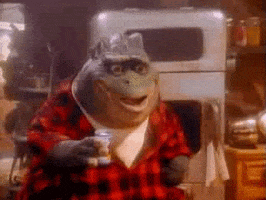 TV gif. Paralyzed with shock, Earl from Dinosaurs stares blankly as he drops a glass of water to the floor.