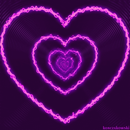 Digital art gif. Electric hearts radiate out like ripples on a dark purple background. . 