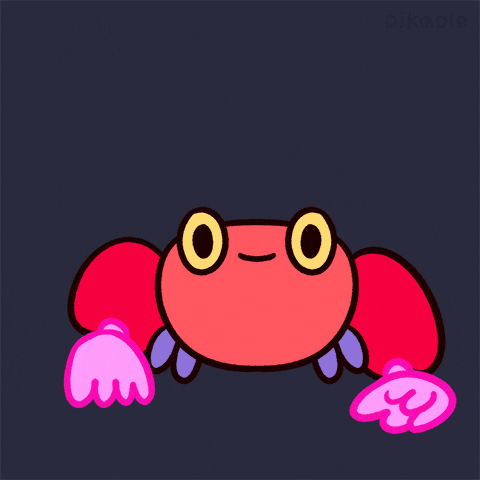 Kawaii gif. A red crab holding pink pom-poms smiles and throws down one of his pom-poms. Text, "I quit."