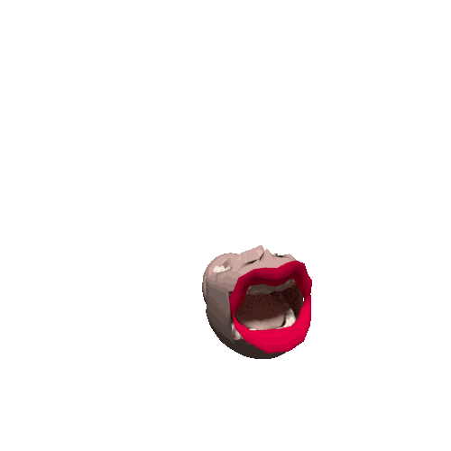 Digital art gif. A 3D rendering of a disembodied mouth with red lips. Dozens of eyeballs gather around it in the shape of a head, then they all begin flying at us.