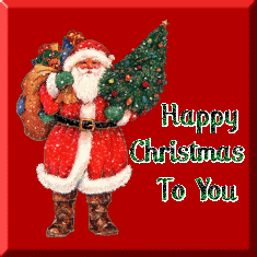 Digital art gif. Santa Claus holding a small decorated Christmas tree and a sack of presents, sparkling, with green sparkly text, "Happy Christmas to you."