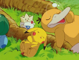 Pokémon gif. Pikachu, Togepi, and Psyduck lying down next to a tree, sleeping.