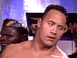 Celebrity gif. Dwayne Johnson as The Rock rolls his eyes with an exaggerated sigh before raising his eyebrows with a smile.