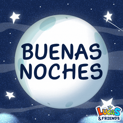 Cartoon gif. A moon from Lucas and Friends sits against a sparkling starry night sky. Text on the moon reads, "Buenas noches" before switching over to the moon's smiley face as it winks at us.
