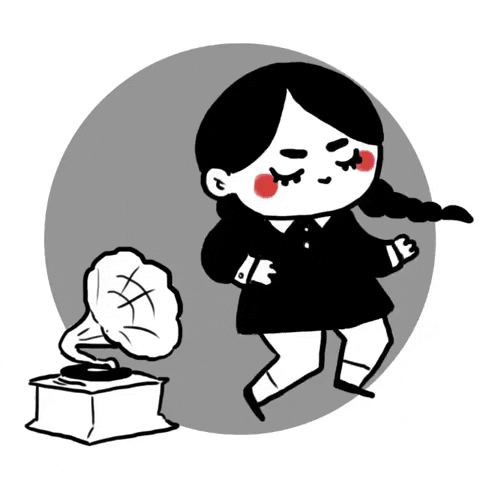 Cartoon gif. Wednesday Addams from the Addams Family dances with closed eyes near a gramophone record player. She sways side to side as her long dark braids follow the motion of her body.