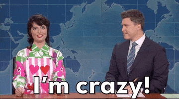 SNL gif. On Weekend Update, Sarah Sherman points at herself and shakes her head mockingly, saying, "I'm Crazy." Colin Jost shakes his head and smiles at us. 