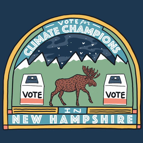 Illustrated gif. Quaint mountainscape scene on a navy background, checkmarks in the sky, a moose between two ballot boxes. Text, "Vote for climate champions in New Hampshire."