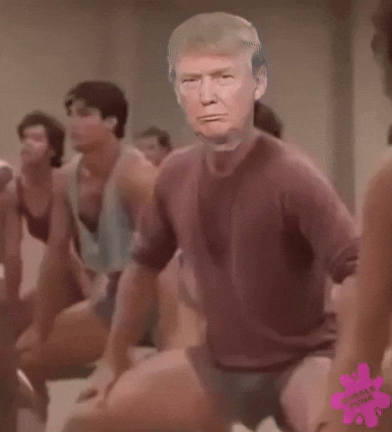 Video gif. The face of Donald Trump is placed over the body of man doing sexy aerobatic work out moves. 
