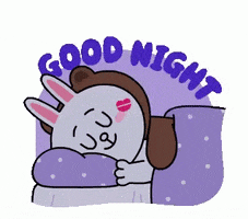 Kawaii gif. Brown from Line Friends franchise kisses Cony on the cheek, leaving a lipstick mark on Cony's happy face and then snuggles under the covers of their bed. Text reads, "Good night."