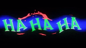 Text gif. In capital letters, dancing on a wave of blue color are the words, “HA HA HA.”