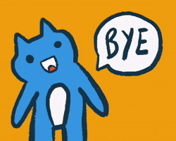 Text gif. A colorful cartoon cat changes colors back and forth, waving “BYE” and saying “BYE.”