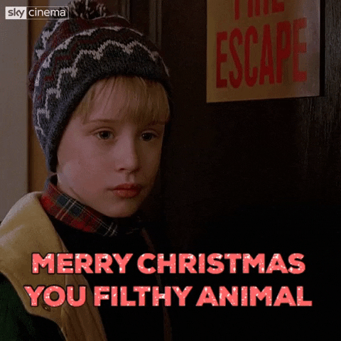 Movie gif. Macaulay Culkin as Kevin McCallister in Home Alone has a snarl on his face to look more intimidating as he says, “Merry Christmas you filthy animal.”