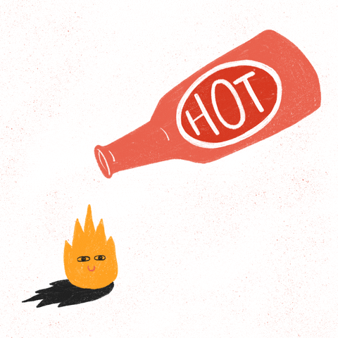 Illustrated gif. Red bottle of hot sauce tilted on its side, dripping sauce onto a smiling yellow flame.