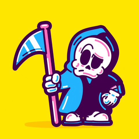 Cartoon gif. A grim reaper holding a scythe taps his foot and looks at his watch impatiently.  