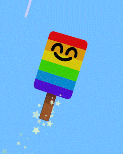 Digital art gif. A rainbow colored popsicle is flying through the sky with stars coming out from the bottom. It has a happy face and quivers with delight.