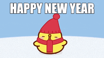 Kawaii gif. A cute baby duck in a red hat and scarf jumps happily into the air, flapping its wings. Text, “Happy New Year.”