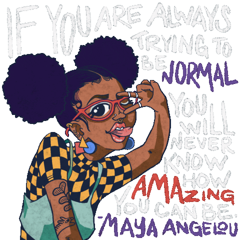 Illustrated gif. Girl with tattoos and a nose ring sticks out her tongue and holds up a peace sign with two fingers framing her eye as she winks. White text on a transparent background, "If you are always trying to be normal, you will never know how amazing you can be. Maya Angelou."