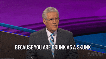 Reality TV gif. Alex Trebek, host of Jeopardy, says matter of factly, "Because you are drunk as a skunk," as he raises his eyebrows in a teasing manner.
