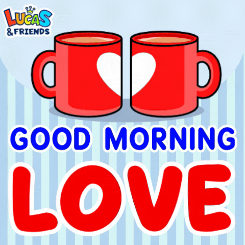 Digital illustration gif. Two red cups of steaming coffee each have half a heart on their mug. They clink together forming a whole heart. Text "Good morning love" pulses below the mugs over a background of blue stripes.