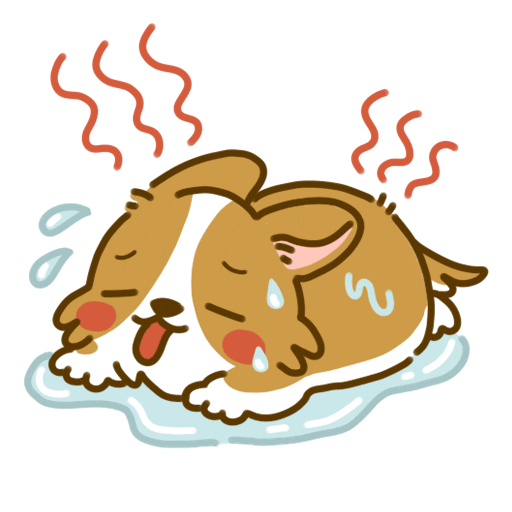 Kawaii gif. A sweating Corgi is laying in a sploot on the floor and they're panting cutely but heavily. Steam emits from their body and they lay in a pool of their sweat.
