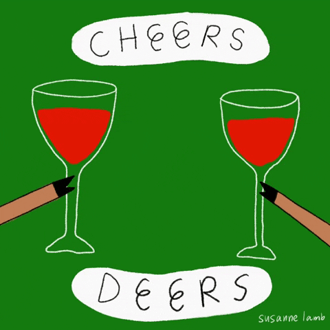 Kreslený pohyblivý obrázek se dvěma ťukajícími si poháry s vínem a nápisem "Cheers deers". 