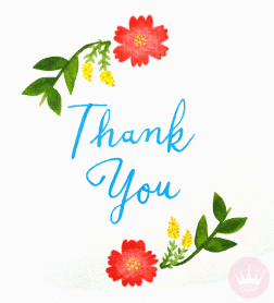 Illustrated gif. Pink and yellow flowers grow into a wreath surrounding script that reads, "Thank you."