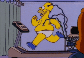 The Simpsons gif. Homer running on a treadmill, electrodes attached to his body.