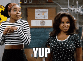 TV gif. Kellie Shanygne Williams as Laura from Family Matters holds a large chemistry beaker and nods, eyes wide and startled. Michelle Thomas as Myra looks at her, confused.