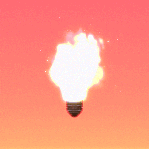 Digital art gif. A 3D rendering of a lightbulb on fire.