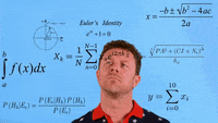 Video gif. A stubbly man looks up, pensively tilting his head as mathematical equations float around him.