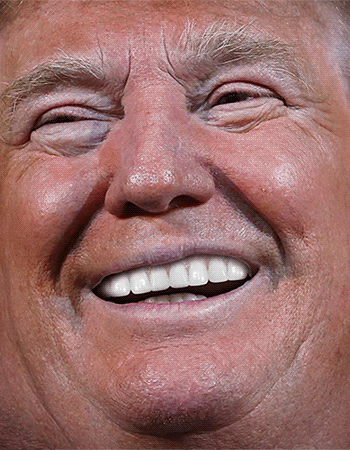 Political gif. Still image of Donald Trump’s face, smiling. Only the top row of his teeth move, scrolling in his mouth like a conveyor belt.