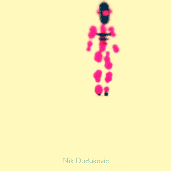 Illustrated gif. Motion capture recording of a figure made of pink and black ball and capsule shapes walking forward, stumbling, and falling apart.