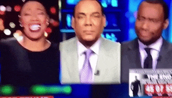 Video gif. Three way split screen of three news anchors. The woman laughs, the man in the middle has a completely blank face, and the man on the right looks at us with a “Are you for real” expression. He tilts his head, furrows his eyebrows, and smirks.