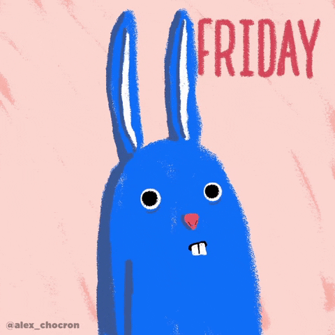 Illustrated gif. Blue rabbit stares with wide, blank eyes. It then tips its head back, opens its mouth wide, and pours a whole bottle of beer straight into it. The rabbit then burps. Text, “Friday.”