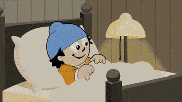Cartoon gif. Boy in a blue sleeping cap smiles as he turns out the light and pulls the covers all the way up to his chin, closing his eyes. 