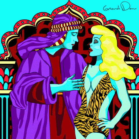 Digital art gif. Colorful, psychedelic illustration of a man dressed as a sheik leaning in to kiss a woman wearing a tiger-print plunge swimsuit.