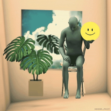 Digital art gif. Figure sitting in a chair holds a smiley face next to a philodendron as they bounce in a continuous loop in front of a window displaying billowing clouds.