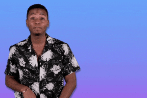 Video gif. Man wearing a black and white tropical shirt looks at us as he dances and points against a blue-purple gradient background. He says, "Happy birthday to you."