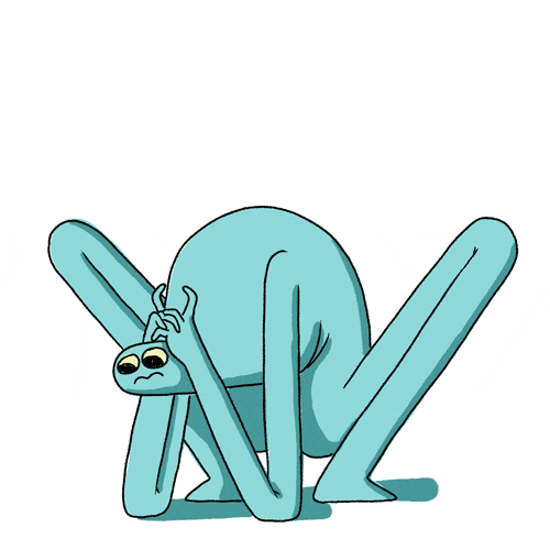 Illustrated gif. Light blue, flexible froglike figure sits in a squat, with its elbows touching the ground and its hands clasped over the back of its neck, looking worried while twiddling its fingers.