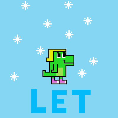 Digital art gif. Little green dinosaur is slowly walking as snow falls and text reads, "Let it snow!"