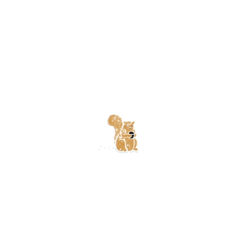 Digital art gif. A tiny squirrel sits in the middle of a white background and snow falls around it. It holds an acorn and occasionally takes a bite of the acorn now and then as it calmly regards us.