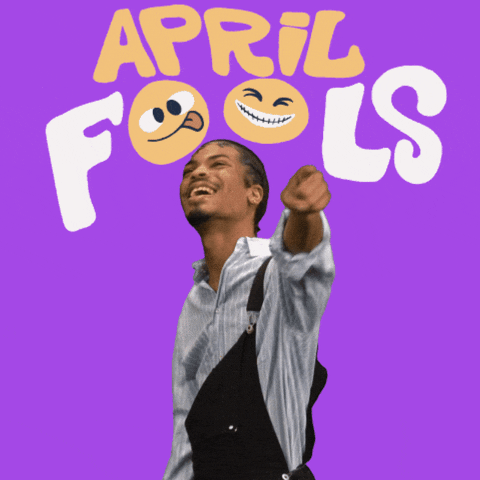 Video gif. Man leans back and laughs as he points at us in front of a purple background. Text with goofy face emojis in place of Os reads, "April Fools."