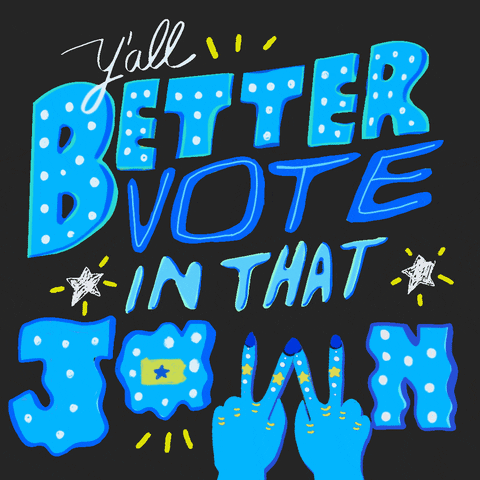 Text gif. In stylized blue text featuring the shape of Pennsylvania amongst shining stars against a black background reads, “Y’all better vote in that town.”