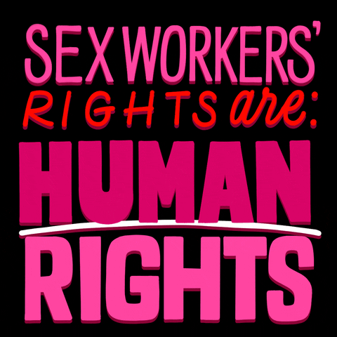 Text gif. Stylized pink and red type reads "Sex workers' rights are women's, trans, disability, queer, bipoc, human rights" against a dark background.